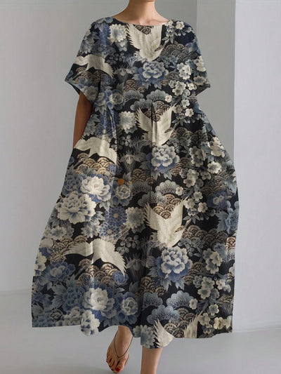 Crane Flowers Print Linen Maxi Dress