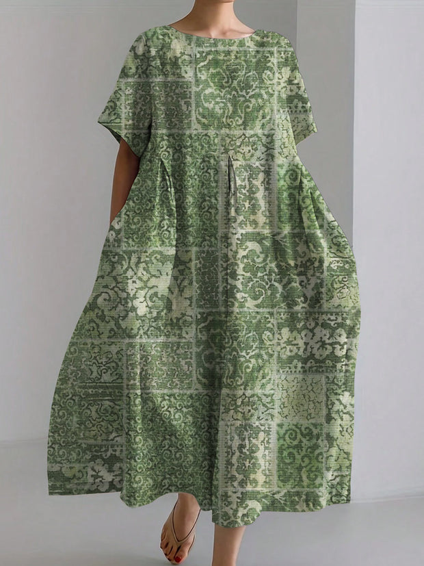Retro Pattern Print Linen Maxi Dress