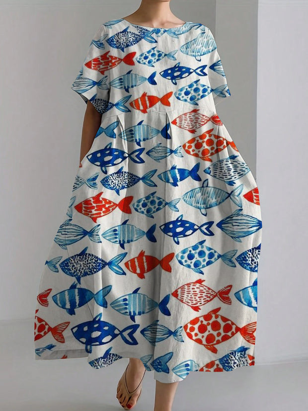 Many Kinds Of Fish Print Linen Maxi Dress