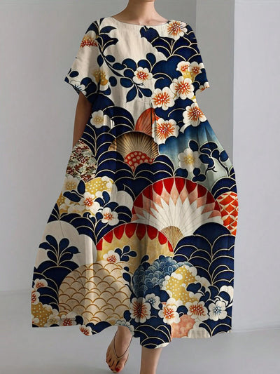 Sakura Japanese style Print Linen Maxi Dress