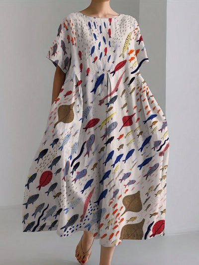 A School Of Fish Print Linen Maxi Dress
