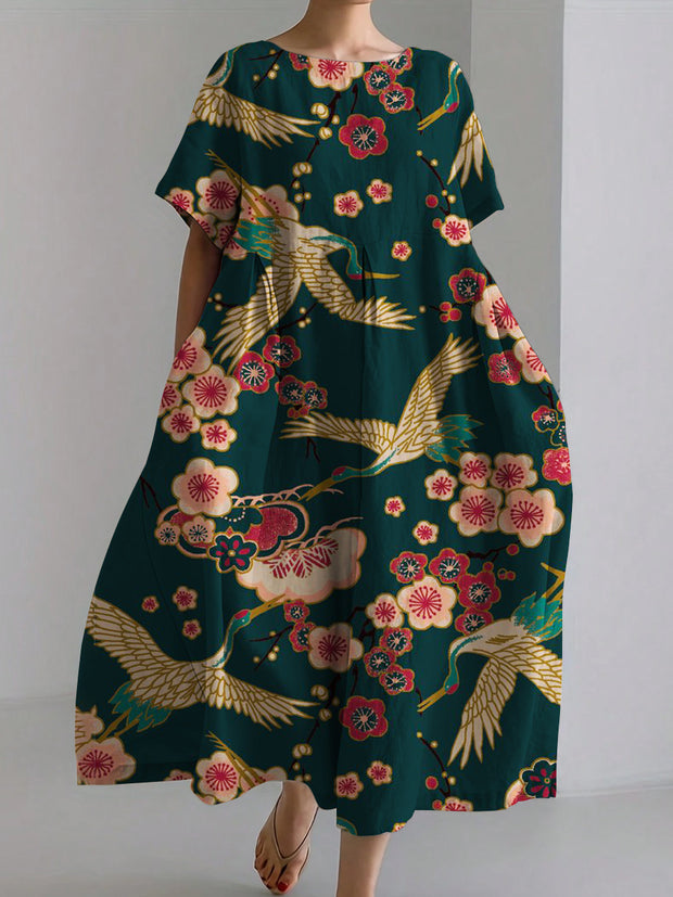 Crane Flowers Print Linen Maxi Dress