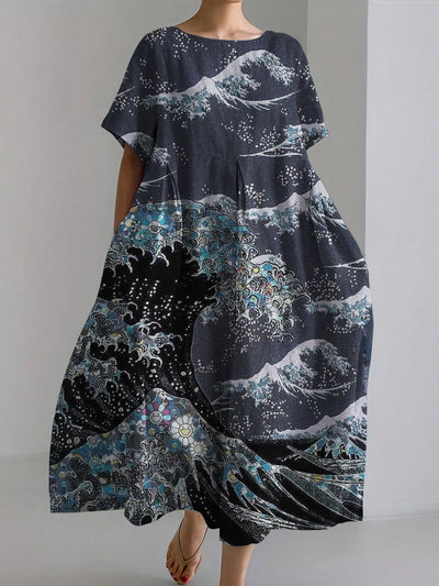 Ocean Waves Abstract Print Linen Maxi Dress