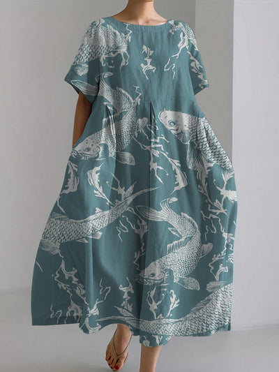 Carp Abstract Print Linen Maxi Dress
