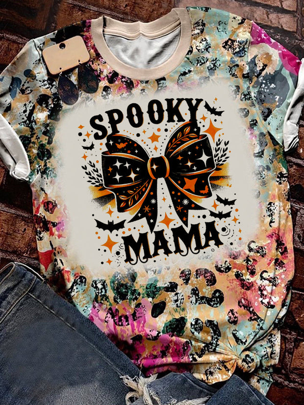 Spooky Mama Halloween Bow Art Print Round Neck Short Sleeve T-Shirt