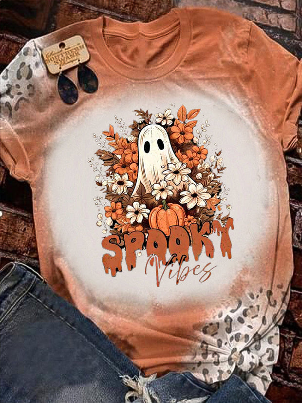 Spooky Vibes Ghost Art Print Round Neck Short Sleeve T-Shirt