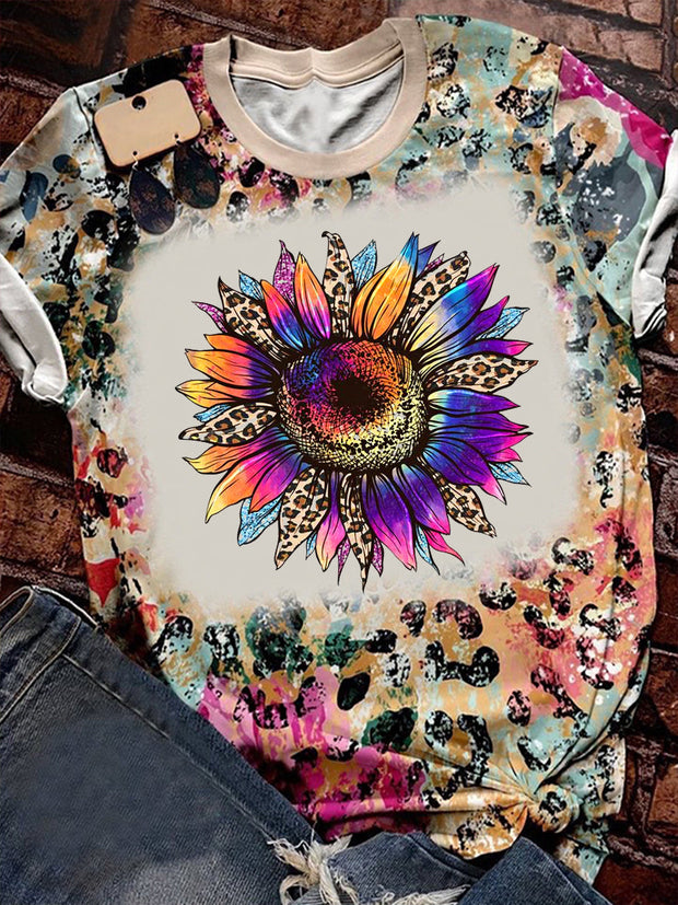 Casual Retro Leopard Colorful Sunflower Art Print Round Neck Short Sleeve T-Shirt