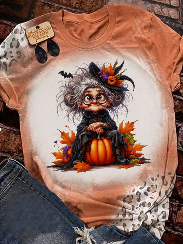 Halloween Granny Sitting on Pumpkin Clipart Art Print Round Neck Short Sleeve T-Shirt