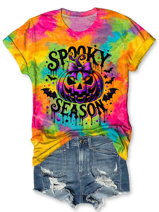 Vintage Colorful Spooky Season Pumpkin Art Print Tie-Dye Crew Neck T-Shirt