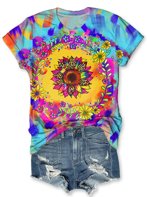 Vintage Colorful Sunflower Art Print Tie-Dye Crew Neck T-Shirt