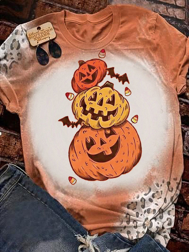 Vintage Halloween Pumpkin Art Print Tie-Dye Crew Neck T-Shirt