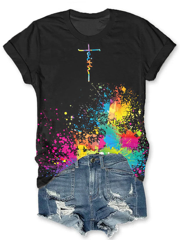 Vintage Faith Colorful Ink Art Print Tie-Dye Crew Neck T-Shirt