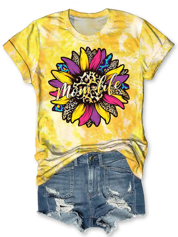 Vintage Mom Life Colorful Sunflower Art Print Tie-Dye Crew Neck T-Shirt