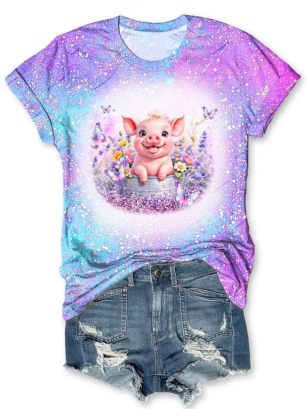 Vintage Cute Piggy Butterfly Art Print Tie-Dye T-Shirt