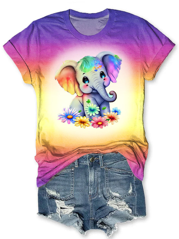 Vintage Gradient Cute Little Elephant Art Print Tie-Dye T-Shirt