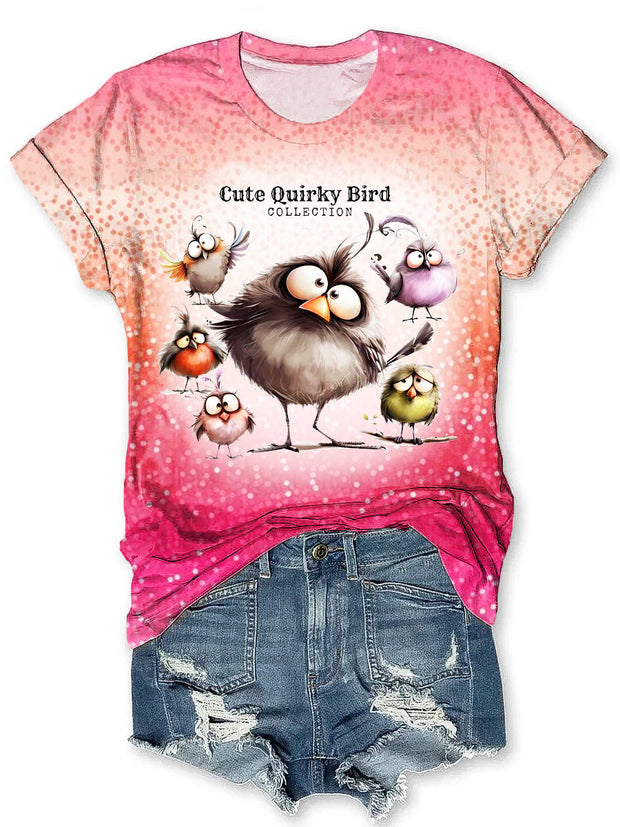 Vintage Gradient Super Cute Quirky Bird Art Print Tie-Dye T-Shirt