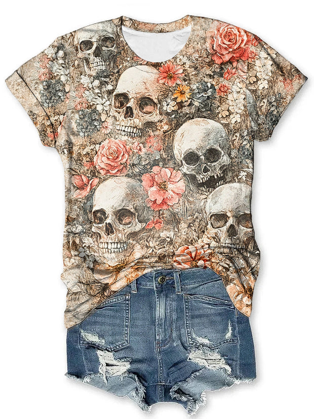 Vintage Halloween Skull Floral Romantic Art Print T-Shirt