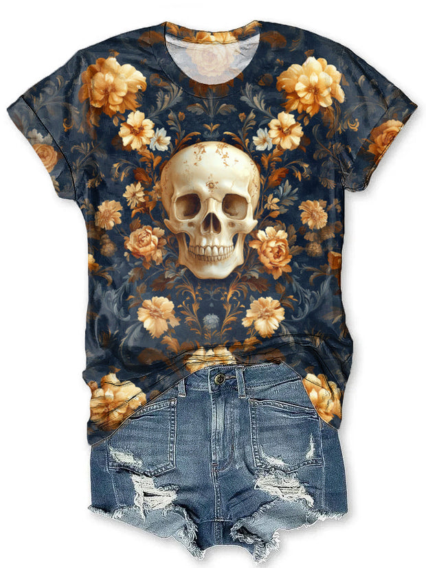 Vintage Baroque Skull Floral Romantic Art Print T-Shirt