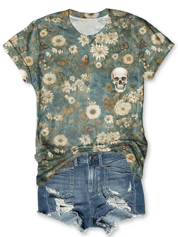 Vintage Abstract Skull Floral Romantic Art Print T-Shirt