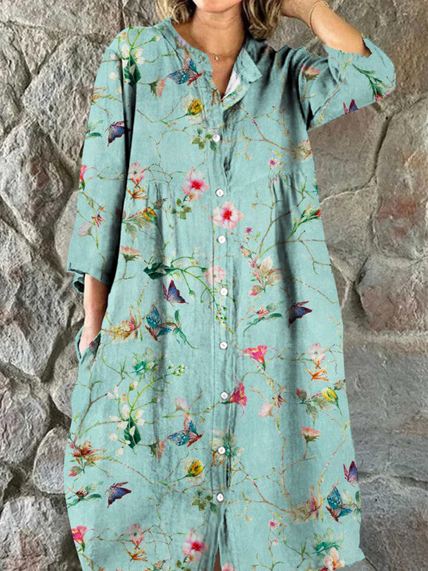 Women's Rustic Printed Long Sleeve Dress with Pockets