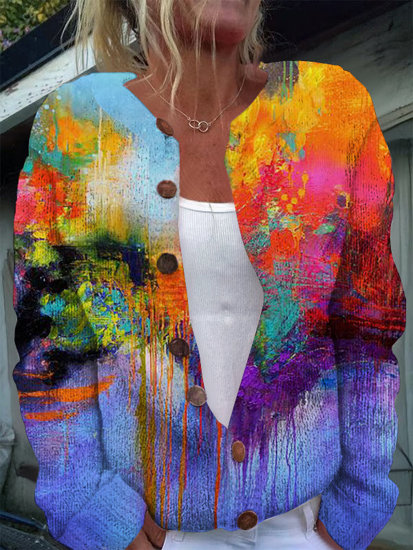 Women's Colorful Oil Painting Printed Casual Comfortable Long Sleeve Cardigan