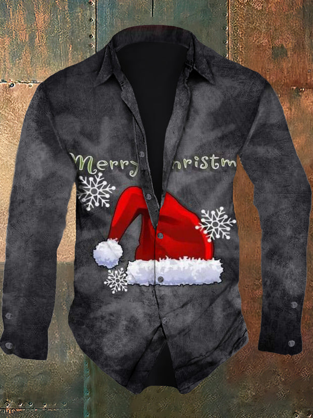 Men's Christmas retro casual fashion lapel long sleeved shirt