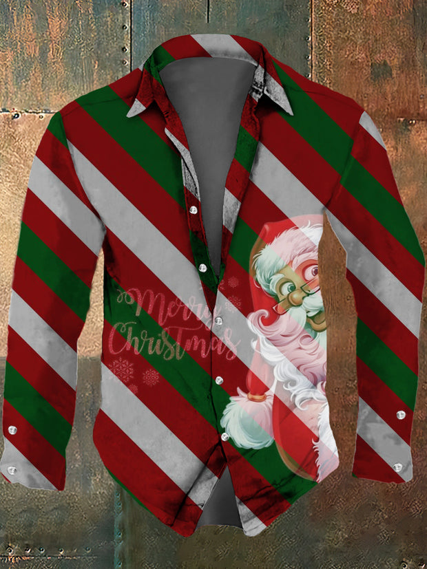 Men's cute Santa Claus retro casual fashion lapel long sleeved shirt