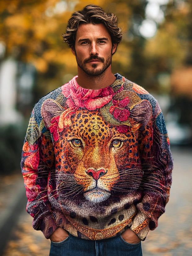 Pull à col rond à imprimé floral guépard décontracté pour homme