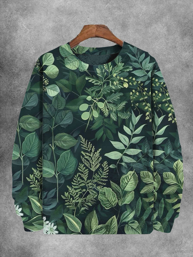 Unisex Botanical Green Print Casual Sweatshirt