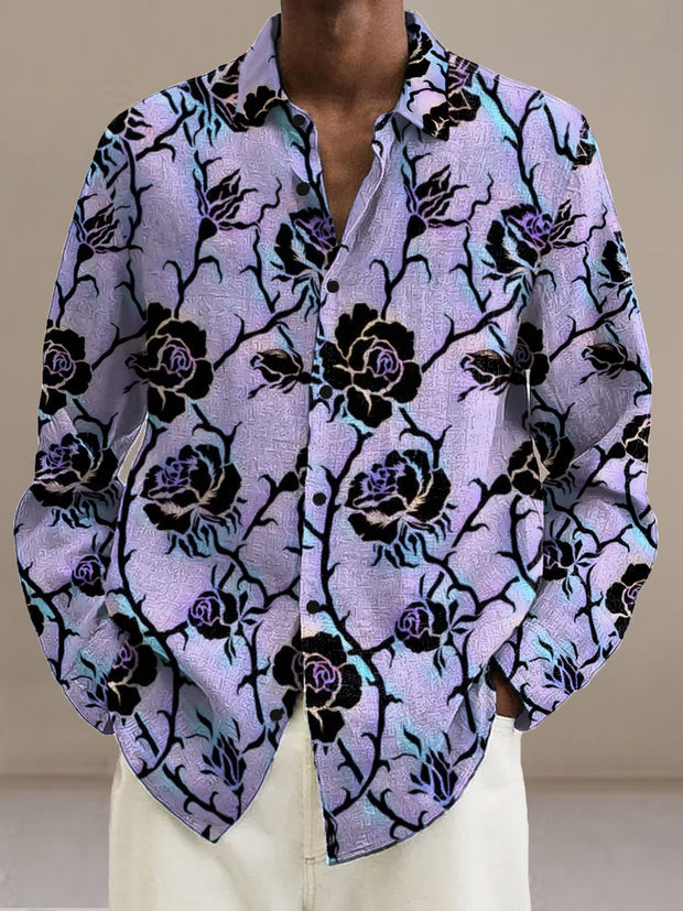 Men's retro rose print casual fashion lapel shirt long sleeved