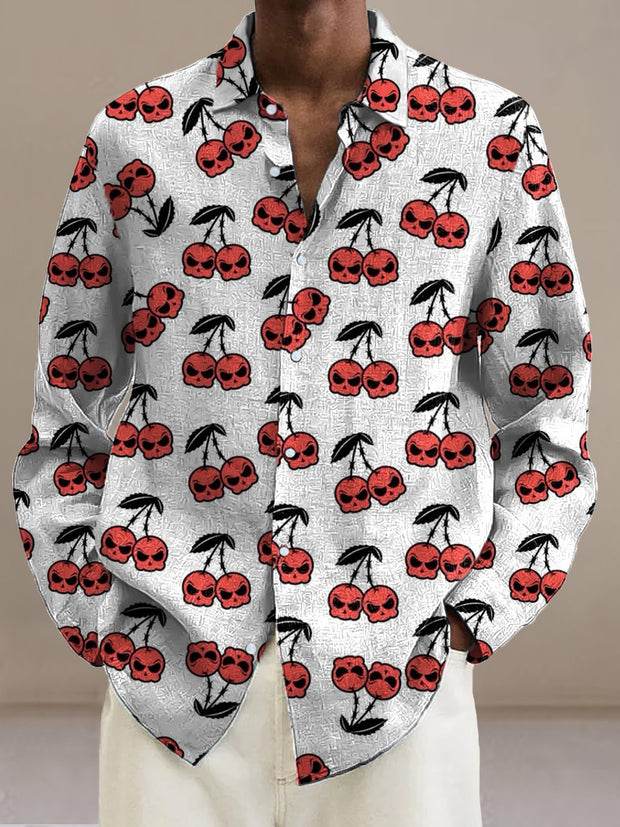 Men's skull retro print casual fashion lapel shirt long sleeved