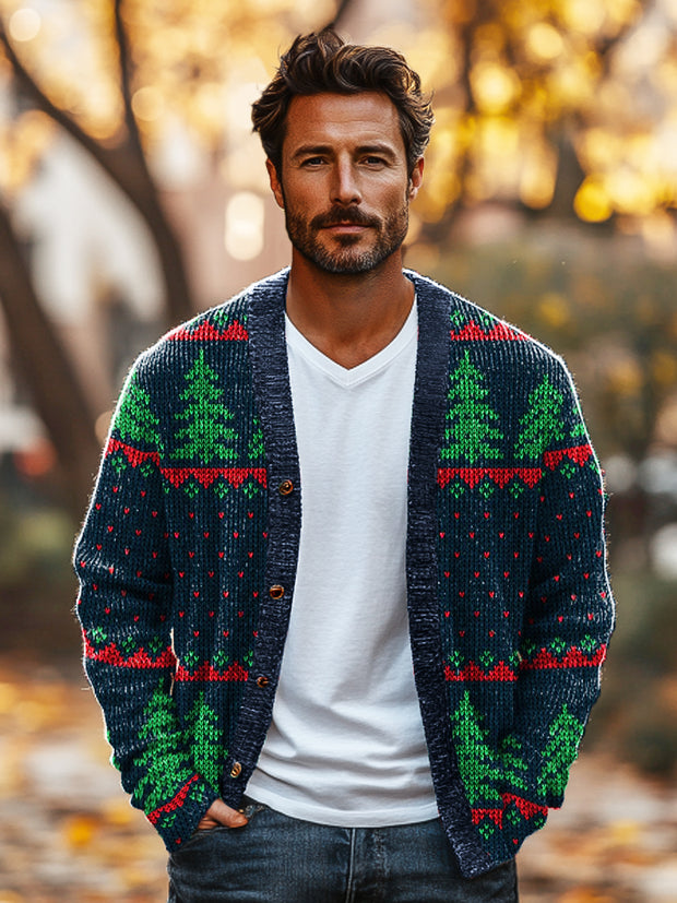 Gentleman Vintage Christmas Christmas Tree Art Print V-Neck Cardigan Sweater