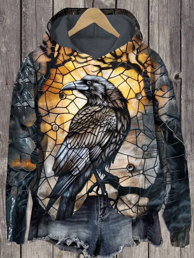 Unisex Raven Print Casual Hooded Sweatshirt