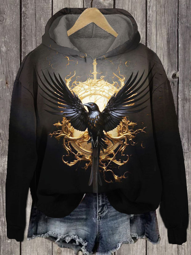 Unisex Raven Print Casual Hooded Sweatshirt