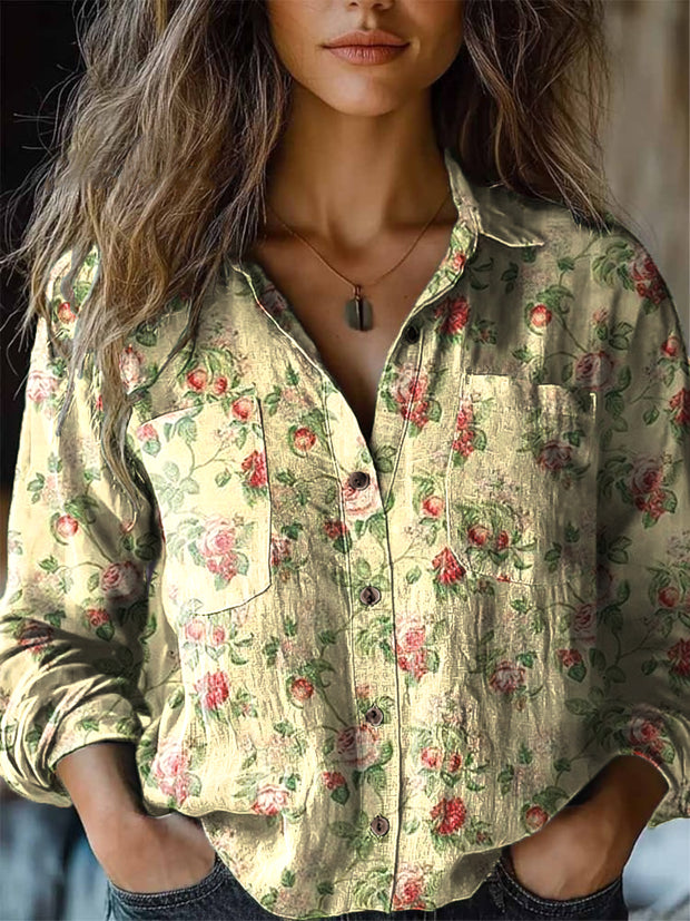 Women's Vintage Cute Floral Art Print Cotton Long Sleeve Lapel Shirt