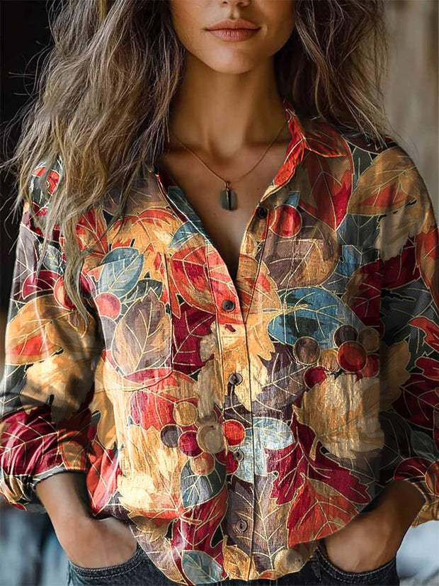 Women's Vintage Colorful Leaf Art Print Cotton Linen Lapel Long Sleeve Shirt