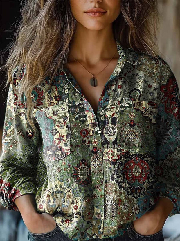 Women's vintage fashion ethnic print long sleeve roll-neck shirt