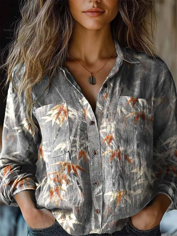 Women's cool temperament bamboo print long-sleeved lapel shirt