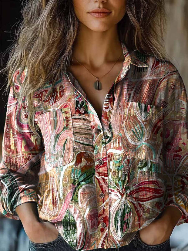 Women's abstract plant floral long sleeve roll-neck shirt