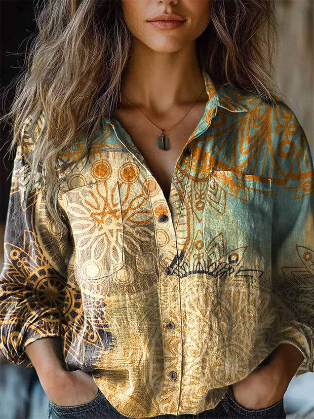 Women's Vintage Gradient Mandala Art Print Long Sleeve Lapel Shirt