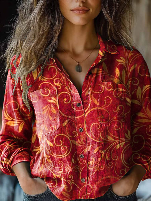 Women's Vintage Christmas Red Gold Floral Art Print Long Sleeve Lapel Shirt