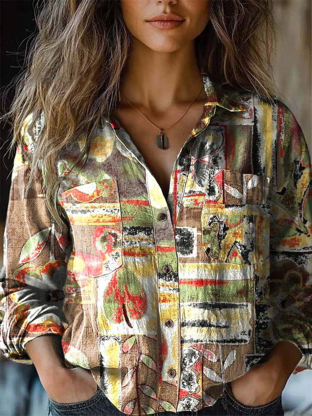 Women's fashion vintage botanical patchwork long-sleeved roll-neck shirt