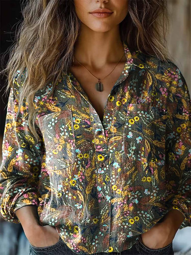 Women's Vintage Rustic Botanical Floral Art Print Long Sleeve Lapel Shirt