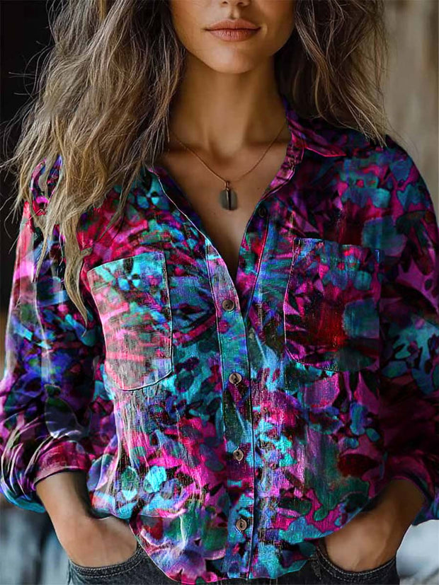 Women's fashion colorful floral art print long sleeve shirt