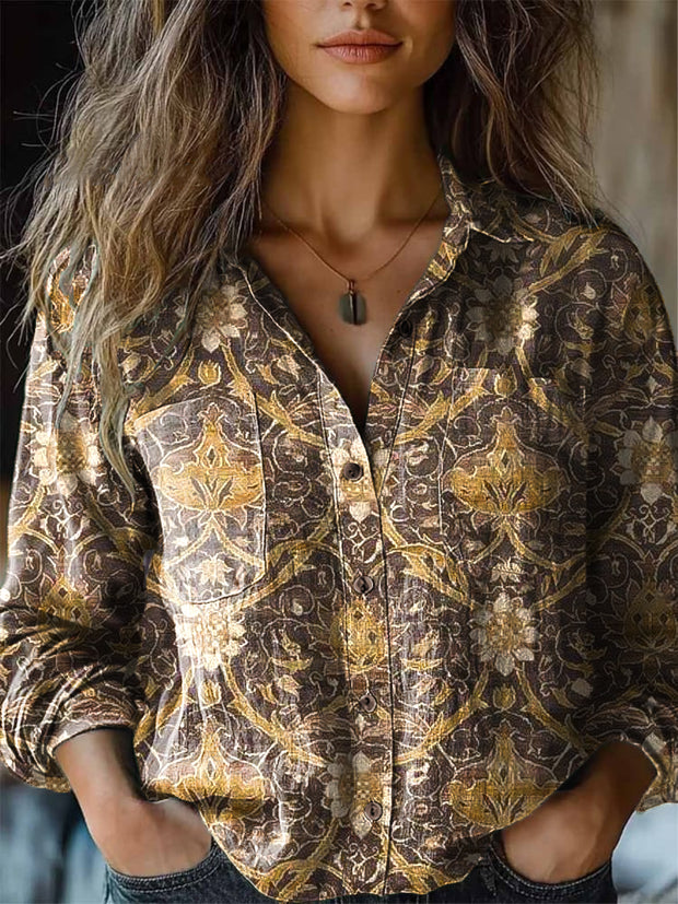 Women's Vintage Ethnic Floral Art Print Lapel Long Sleeve Shirt