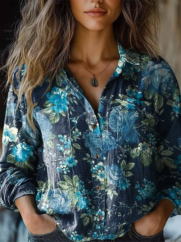 Ladies Vintage Romantic Rustic Floral Art Print Lapel Long Sleeve Shirt