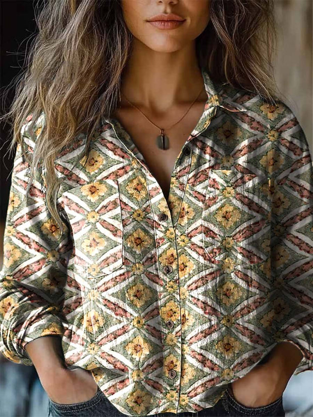 Women's fashion geometric floral print long sleeve shirt