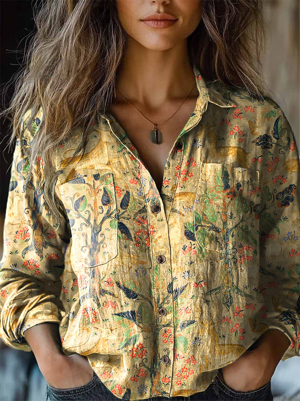 Women's Vintage Rustic Elk Forest Art Print Lapel Long Sleeve Shirt