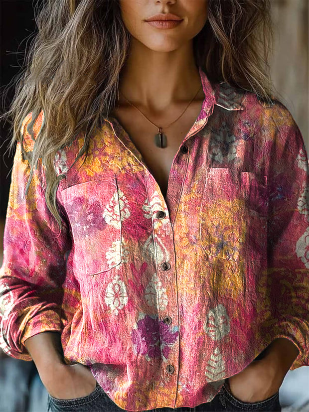 Women's Retro Abstract Ethnic Art Print Lapel Long Sleeve Shirt