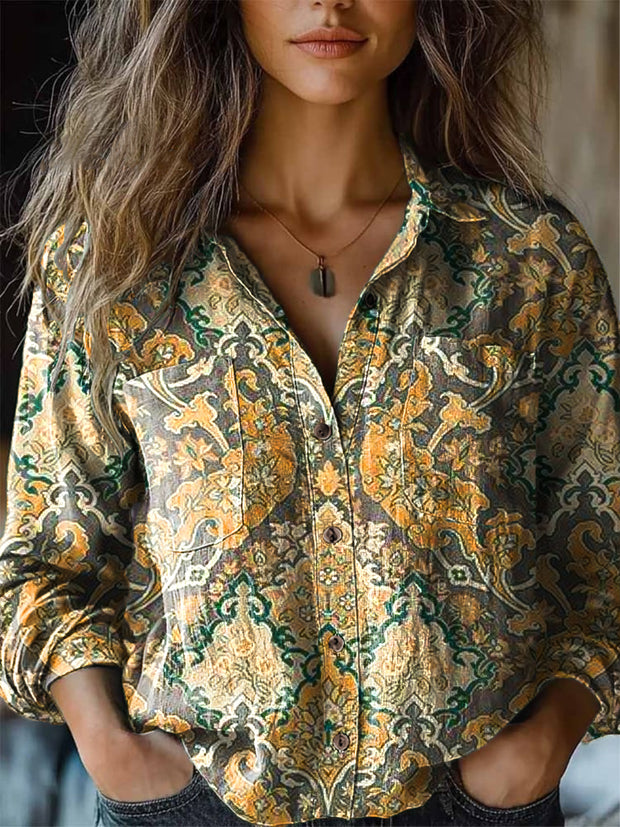 Women's Retro Ethnic Geometric Floral Art Print Lapel Long Sleeve Shirt